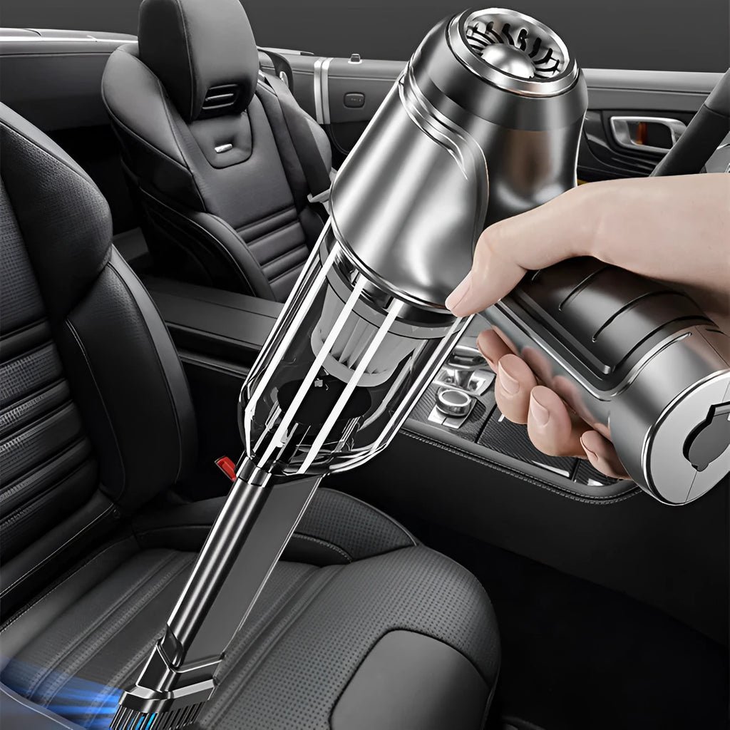 Brushless motor handheld car vacuum cleaner with attachments on grey background