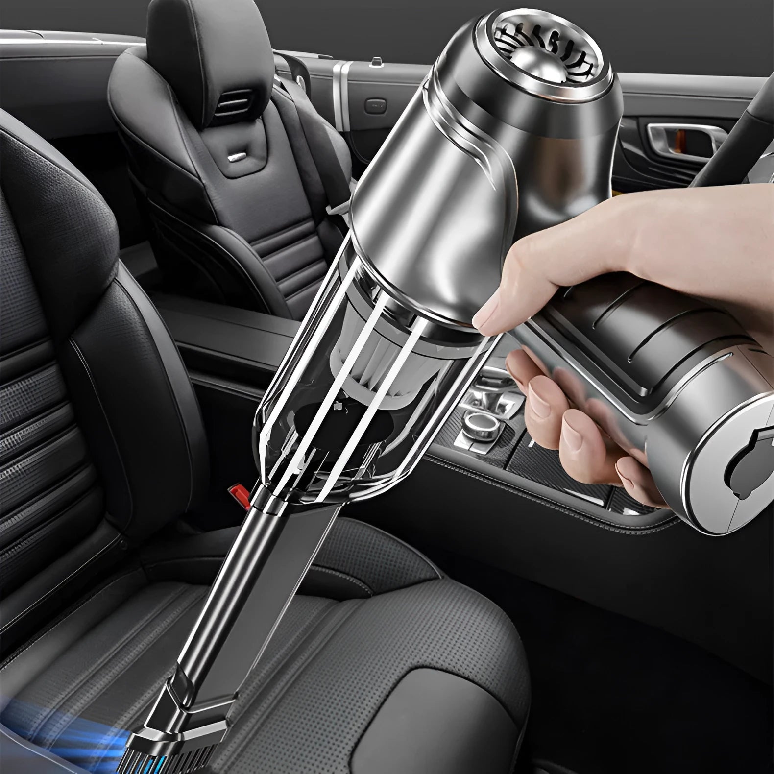 Brushless motor handheld car vacuum cleaner with attachments on grey background