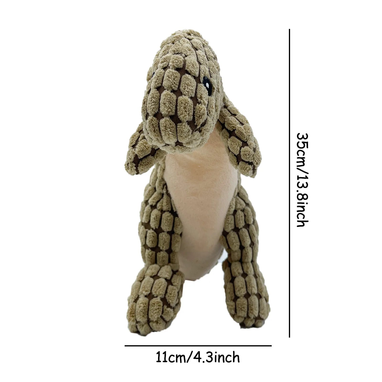 Grey, green, or orange durable dog toy with sound feature, shown next to a measuring tape indicating 35 cm length.