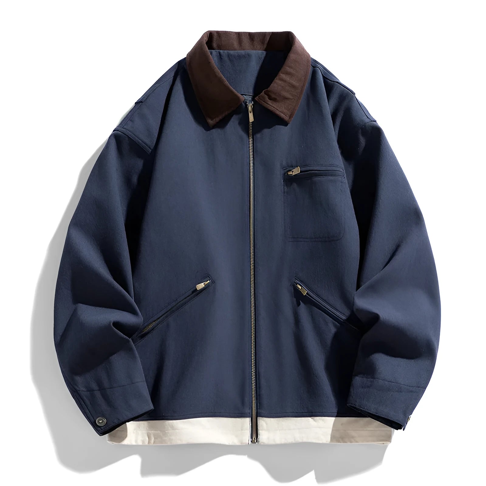 Retro American workwear jacket with contrast colour lapels in loose fit design