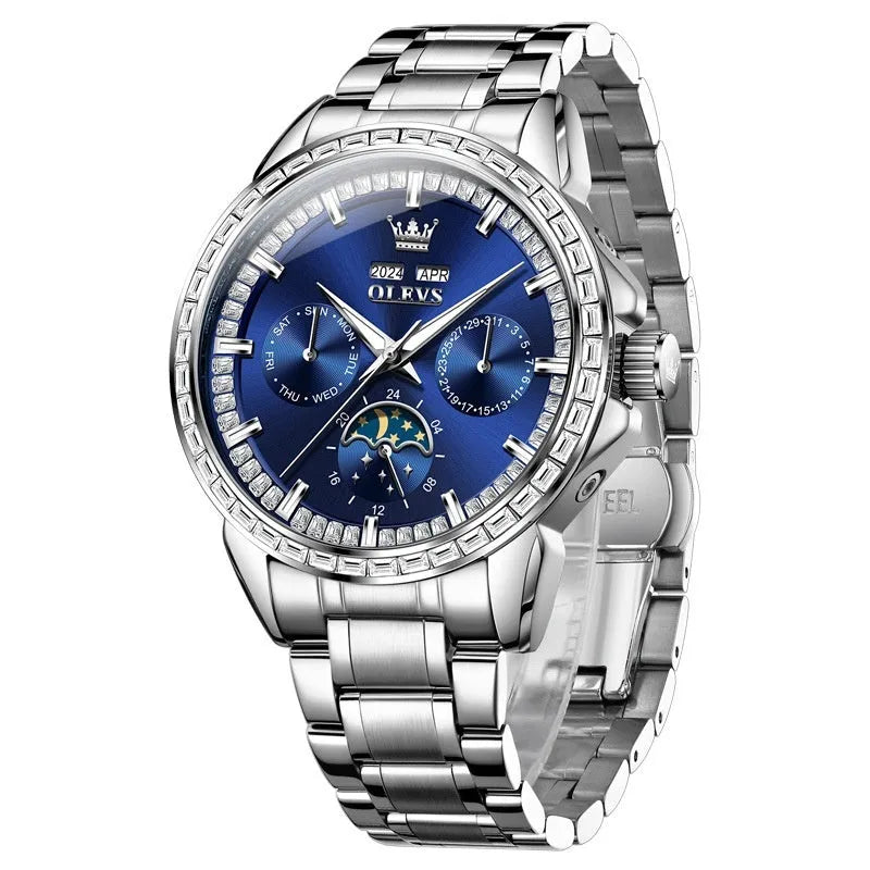 Men's stainless steel automatic watch with diamond dial on wrist, showing butterfly clasp.