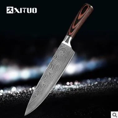 Professional 7Cr17 stainless steel kitchen knife with laser Damascus pattern and coloured wood handle
