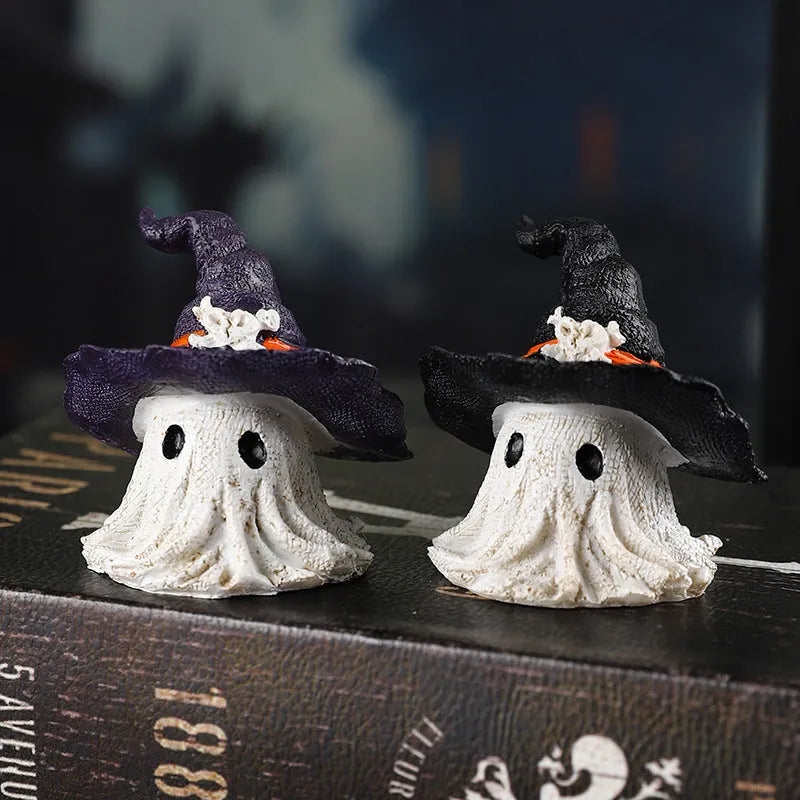 Purple and black resin wizard hat Halloween ghost ornament for holiday decorating.