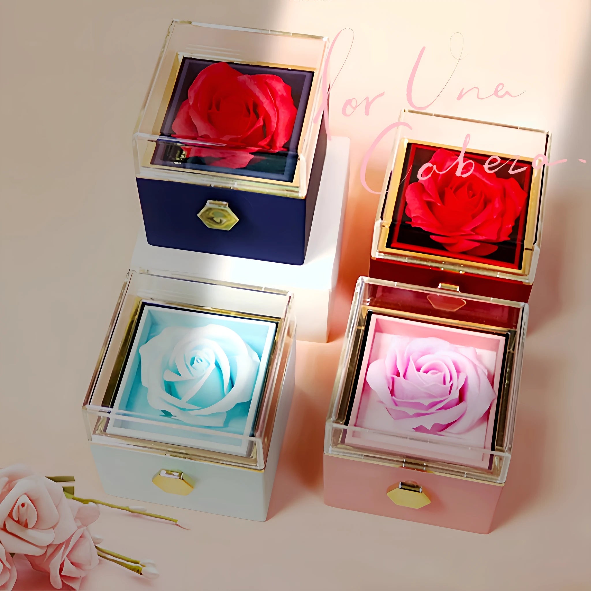 Rotating rose jewellery gift box with preserved real flower under acrylic cover and rotating drawer
