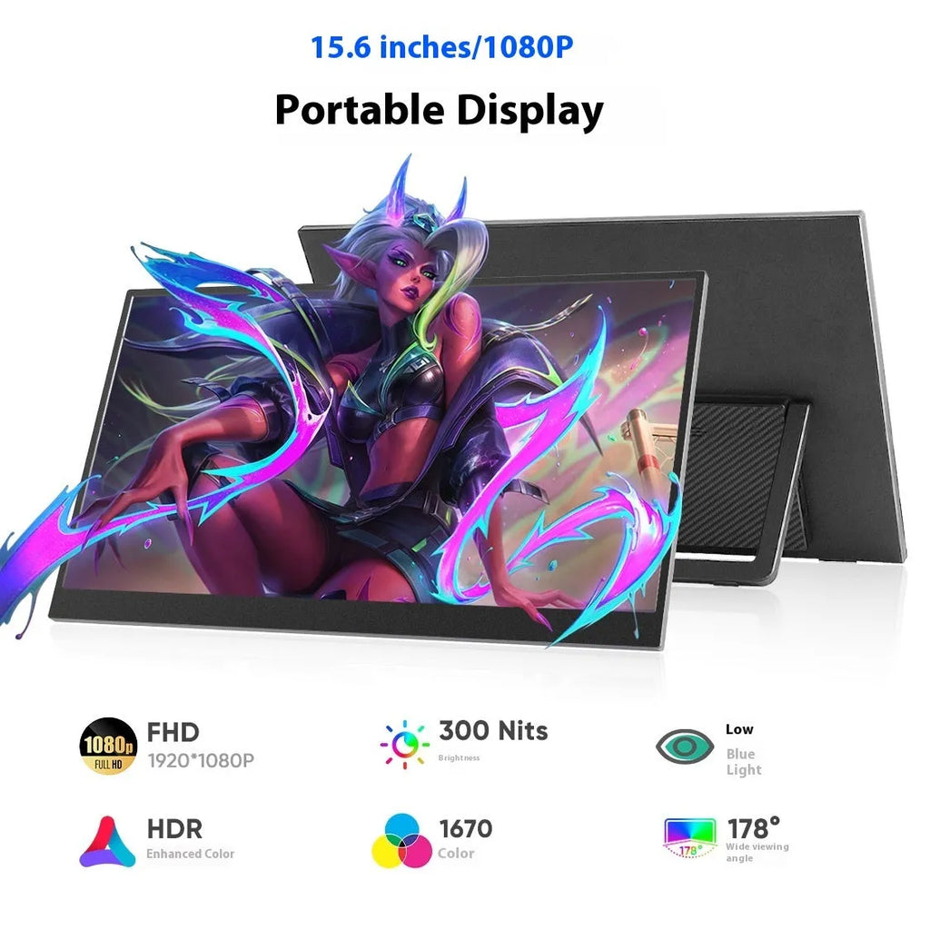 Black 15.6 inch portable IPS monitor with stand showing Full HD resolution display