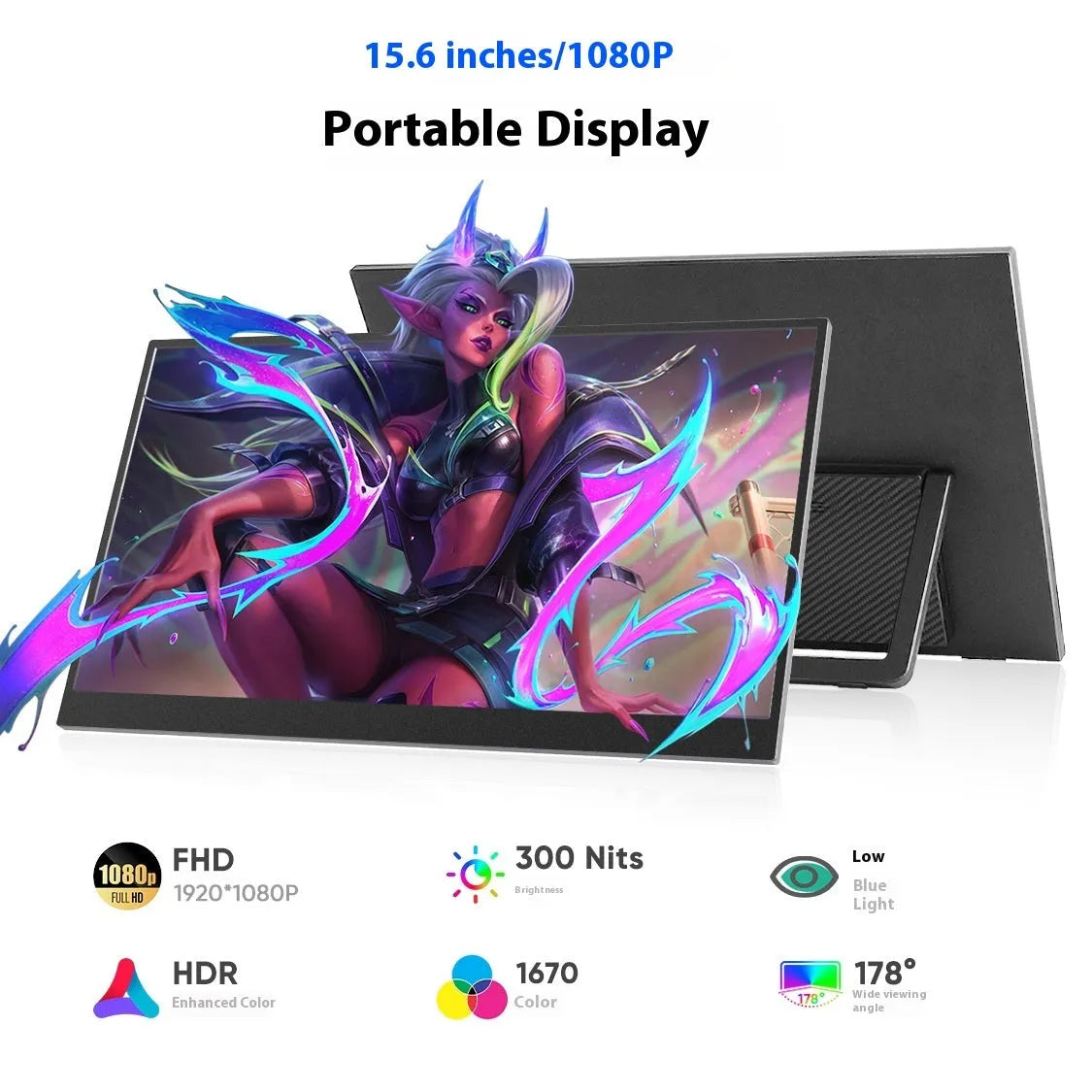Black 15.6 inch portable IPS monitor with stand showing Full HD resolution display