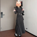 Lady's gray polyester knit long dress set with neck-hanging top and half-length skirt, preppy patchwork style