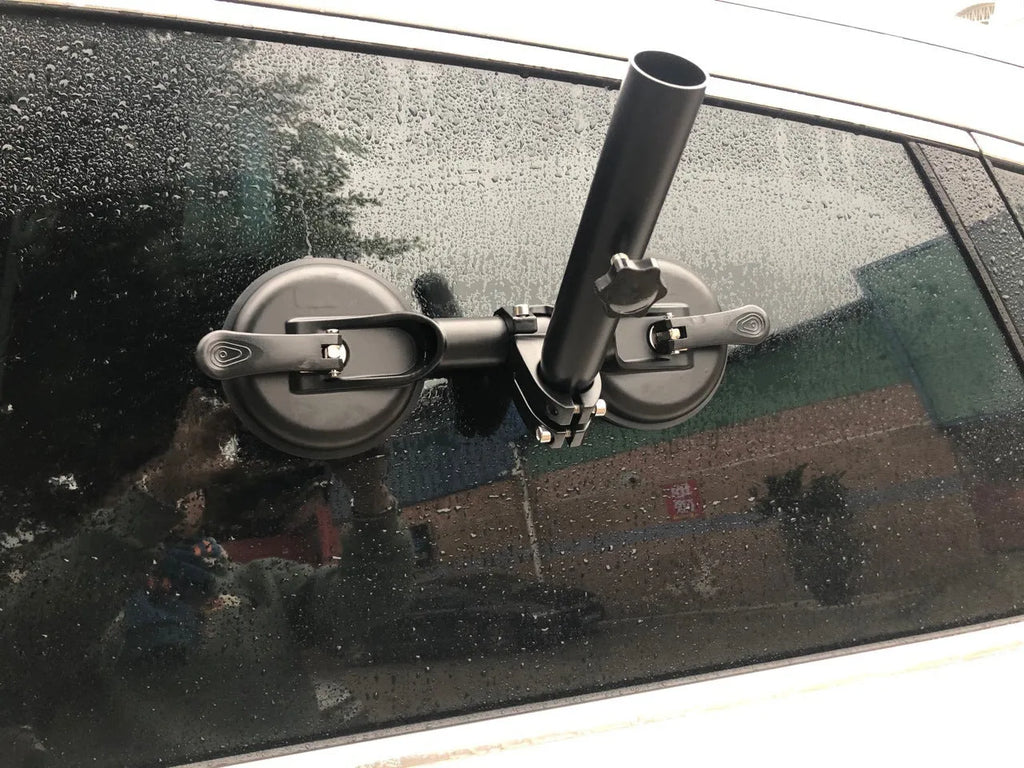 Black car flagpole glass sucker base with round rubber suction cup and ABS construction