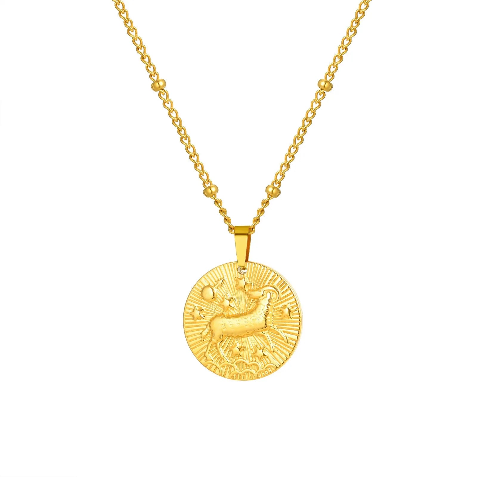 Stainless steel zodiac constellation bead necklace with embossed designs and cross chain