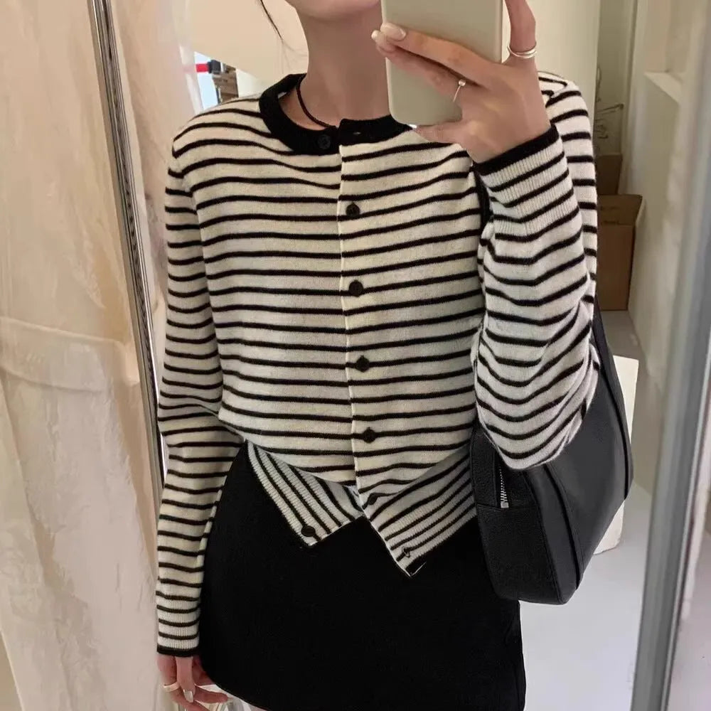 Dark grey and white striped women's cardigan coat with long sleeves and a slim, cropped fit.