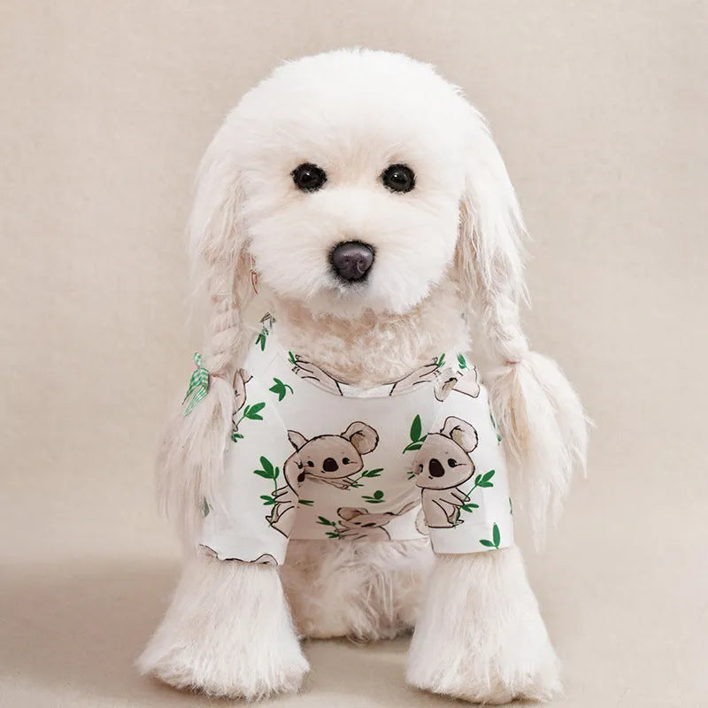 Colourful printed dog t-shirt on a small dog, showing the casual fit and full graphic design.