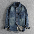 Men's light blue vintage washed denim shirt with long sleeves and loose cardigan fit
