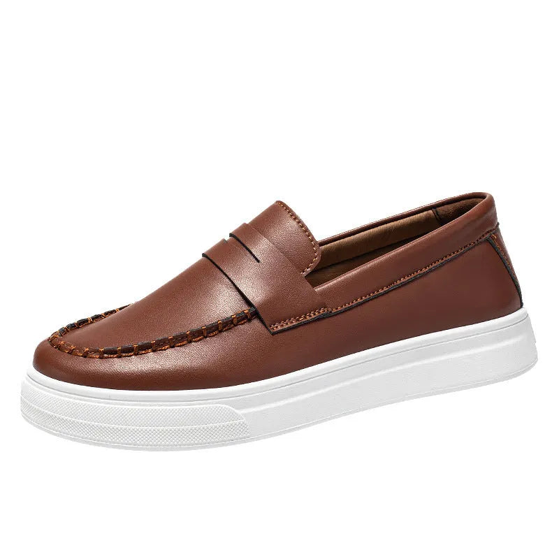 Men's British style casual leather shoes with round toe design in white, black and white, and khaki colour options