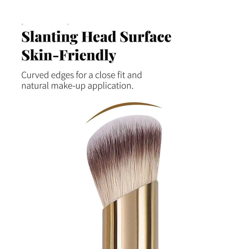 MAANGE set of five apricot-coloured makeup brushes with an angled blush brush on a grey background.