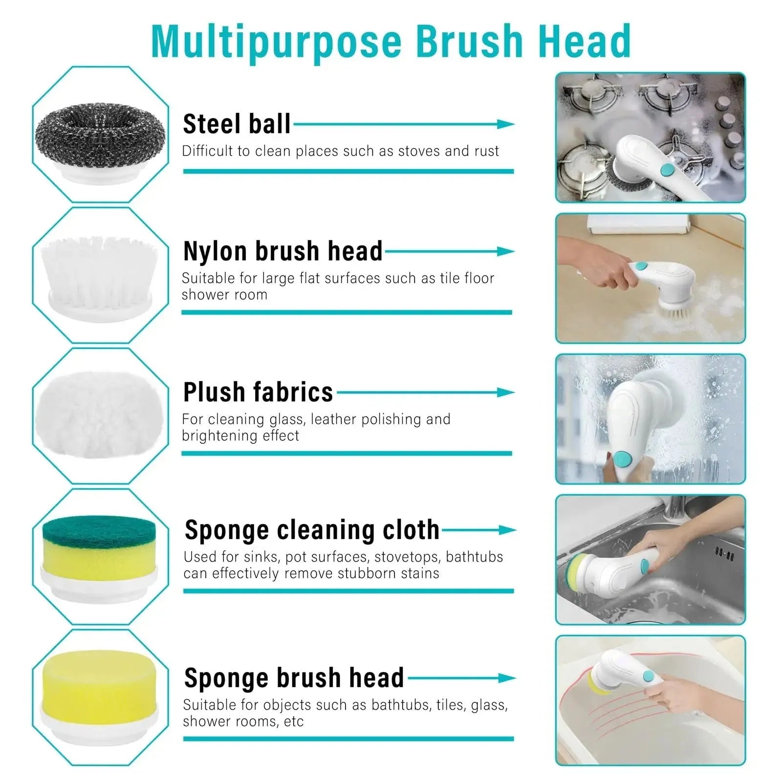 White cordless electric handheld scrubber with five cleaning brush heads on USB charging cable