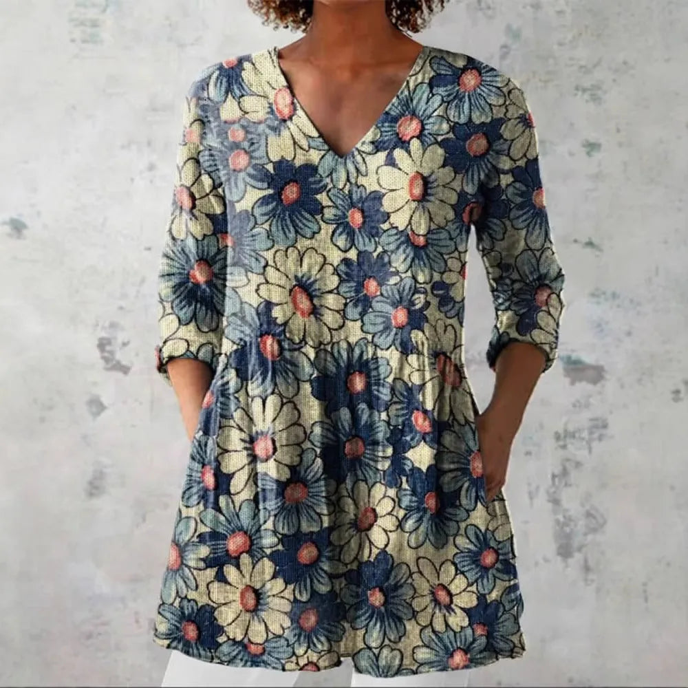 Women's retro slim fit printed long-sleeved top in a digital print design.