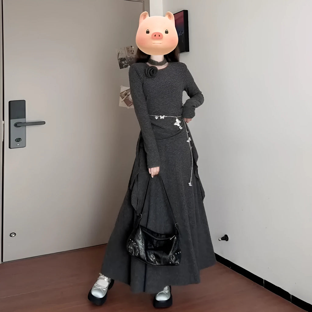 Lady's gray polyester knit long dress set with neck-hanging top and half-length skirt, preppy patchwork style