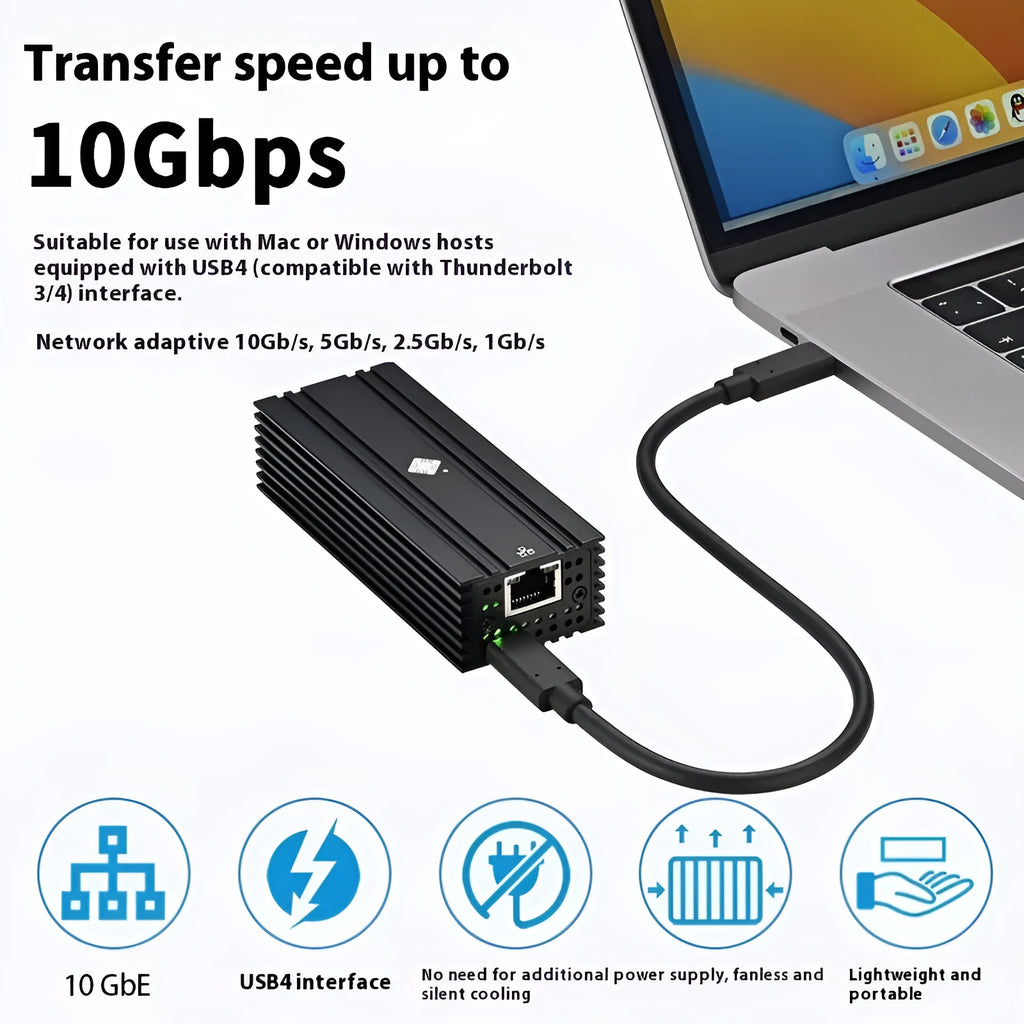 Black USB4 10G network adapter with RJ45 port and 20cm cable for Thunderbolt compatibility
