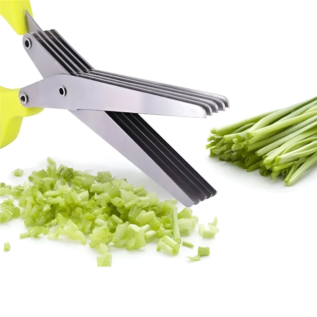 Stainless steel multi-layer onion scissors for cutting herbs and green onions.