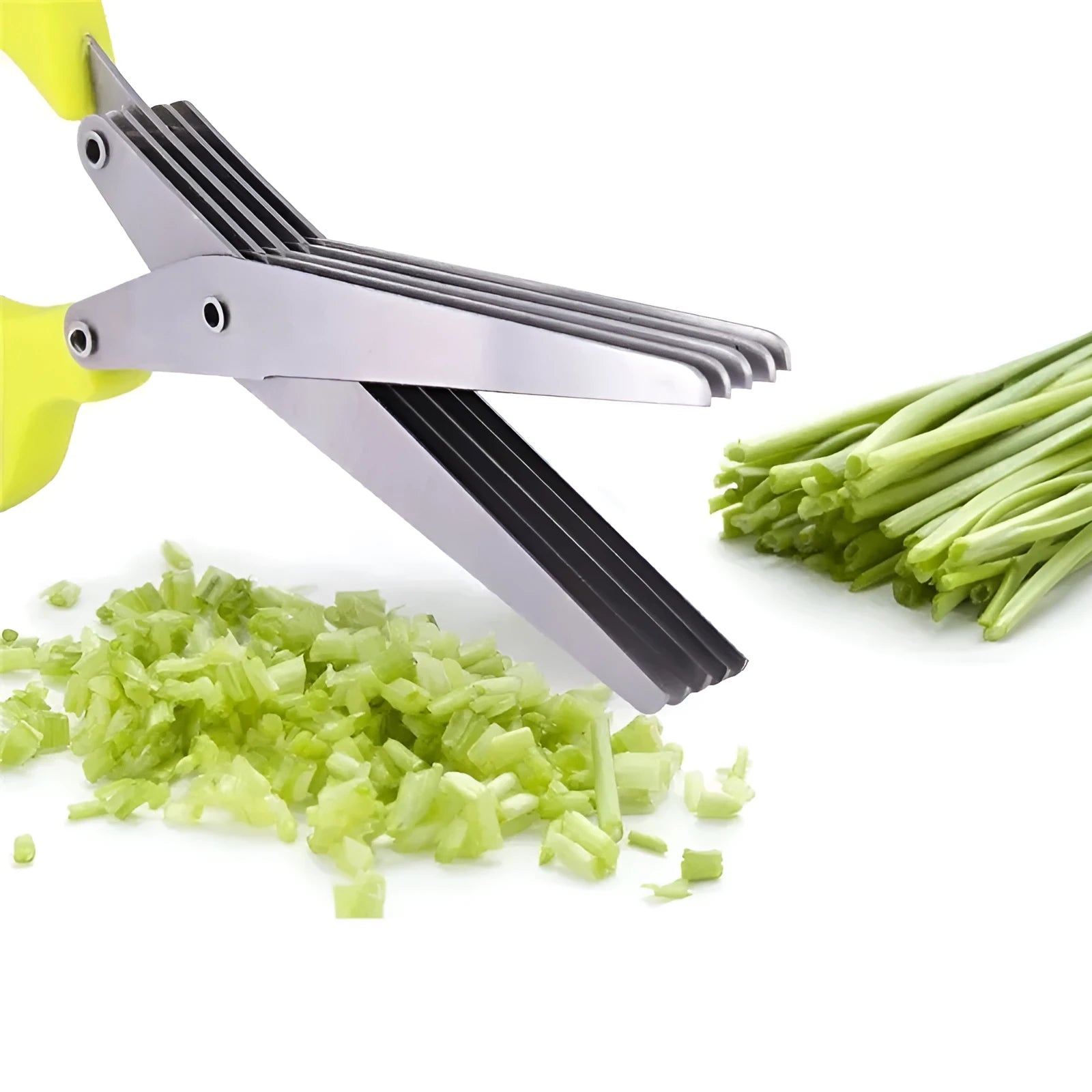 Stainless steel multi-layer onion scissors for cutting herbs and green onions.