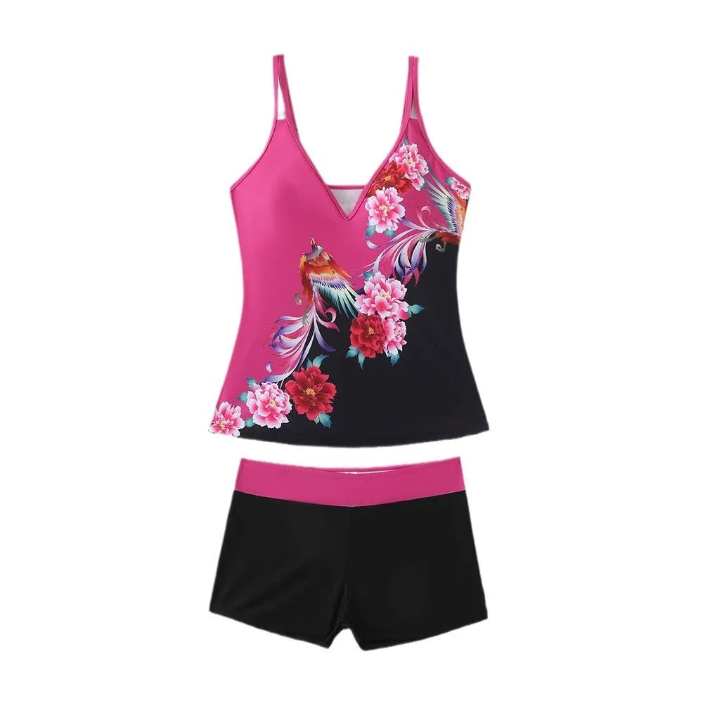 Plus size women's swimsuit set in black or rose red with cotton lining and polyester fabric