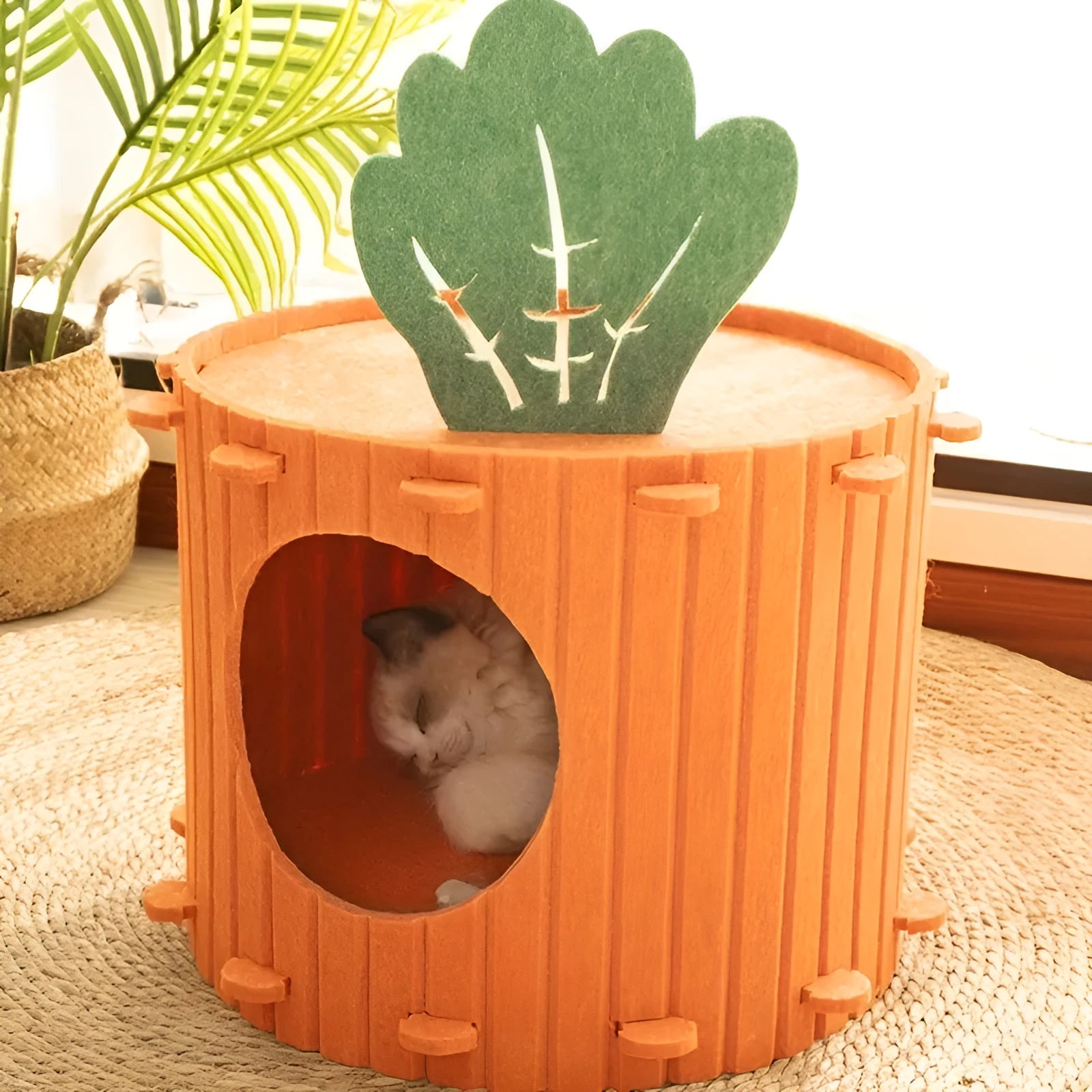 A brown felt carrot-shaped cat nest with a round drilled hole entryway, shown in two size options.