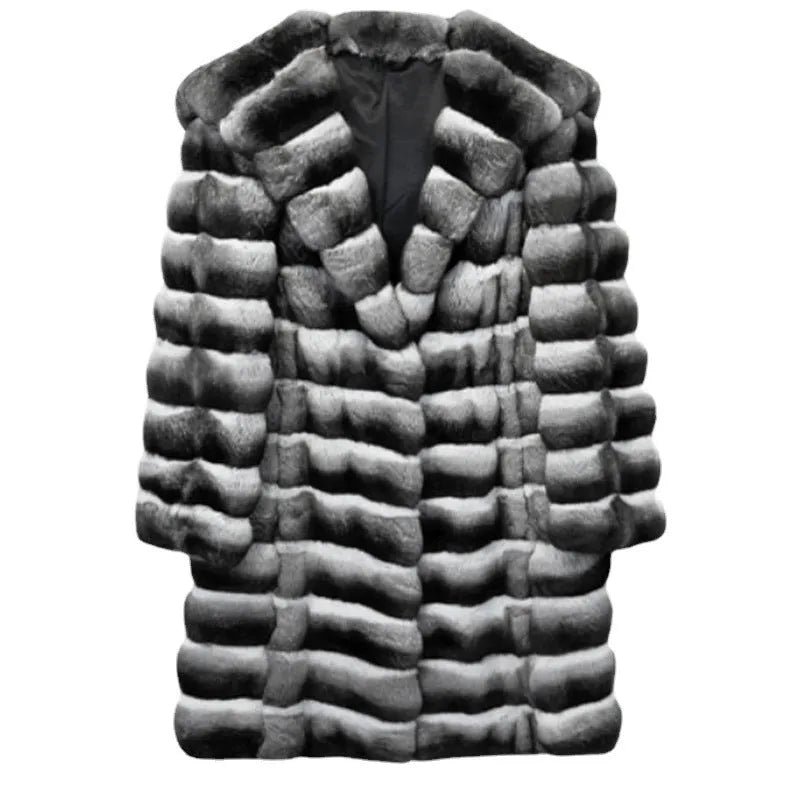 Women's zebra stripe artificial mink overcoat with mid-length cut and regular sleeves