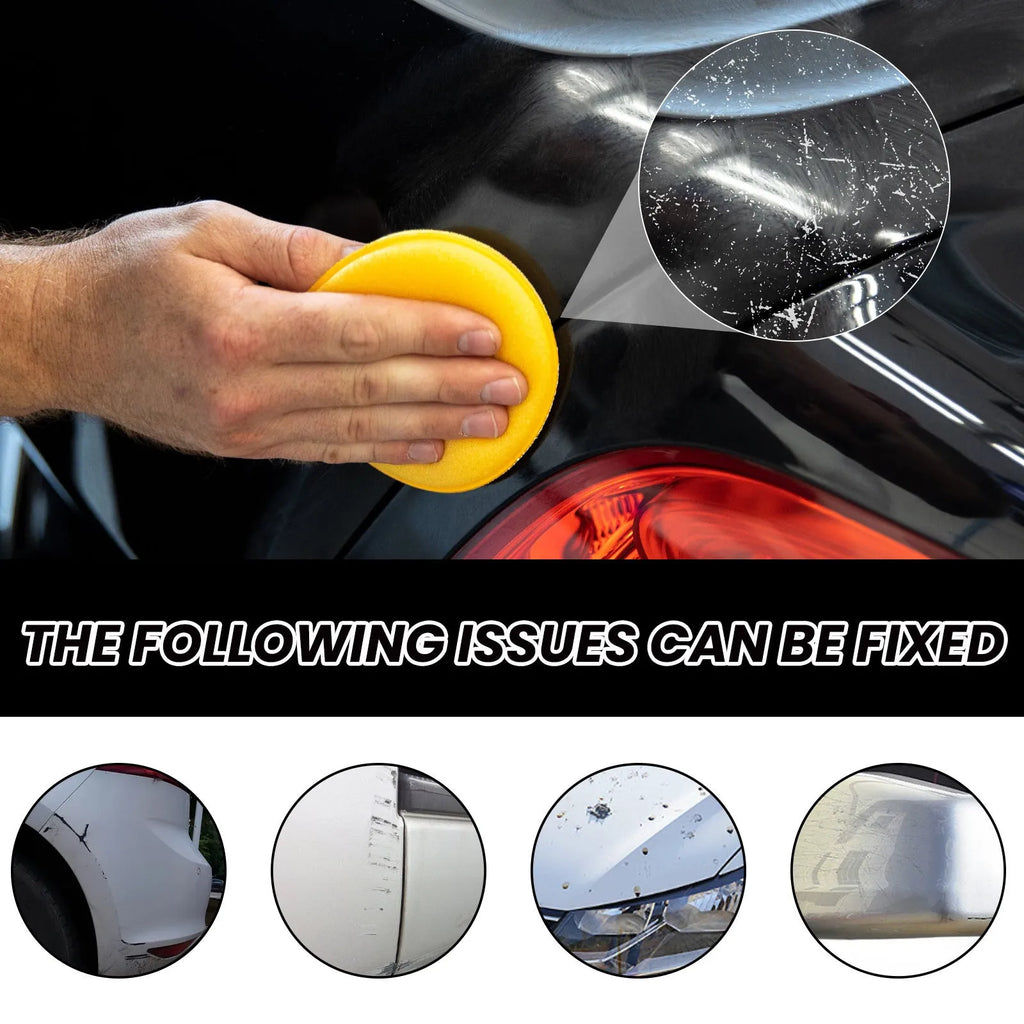 Car scratch wax kit showing 120ml tube, applicator sponge and microfiber towel for automotive paint maintenance