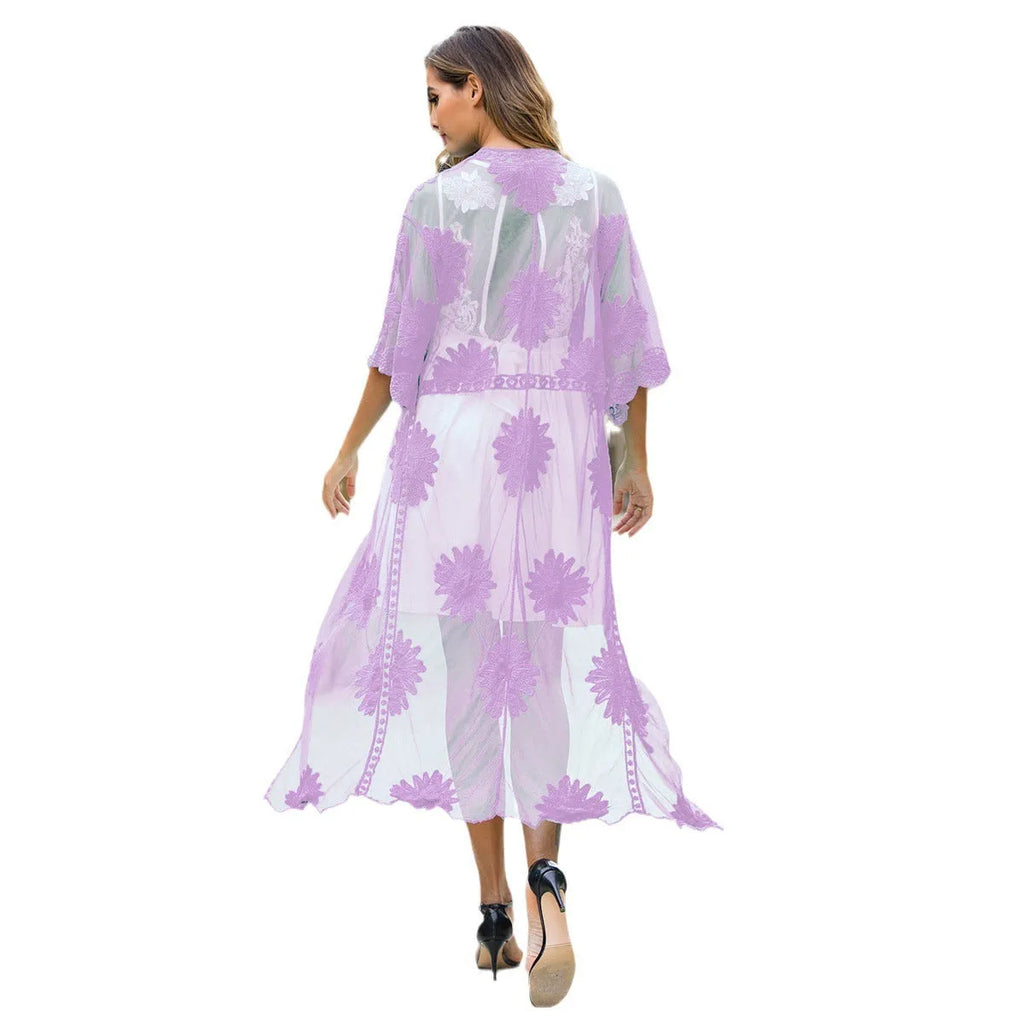 Light purple lace embroidery beach dress cover-up with free size for women