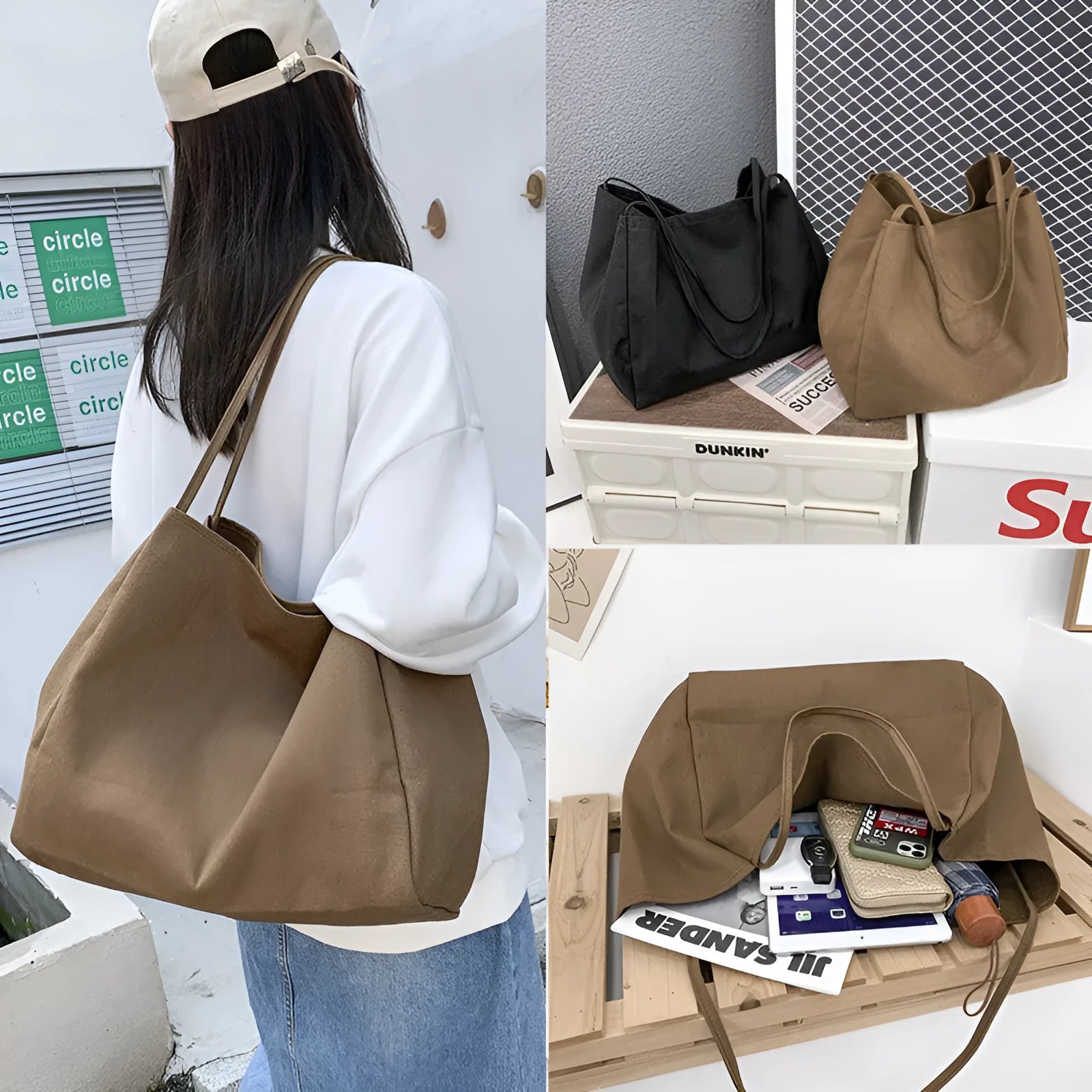 Solid colour women's canvas handbag with double shoulder straps and sandwich pocket design