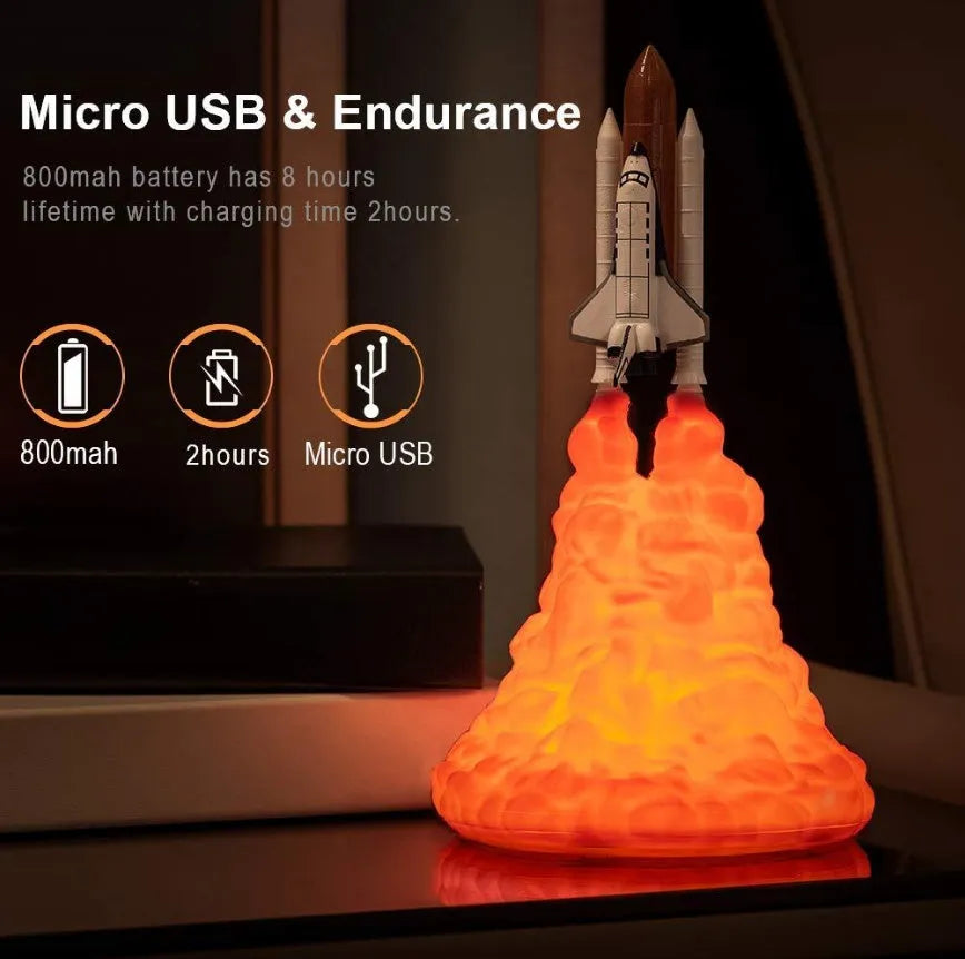 3D print rocket space shuttle lamp night light, 11 inch, PLA material, USB rechargeable, on display in a bedroom