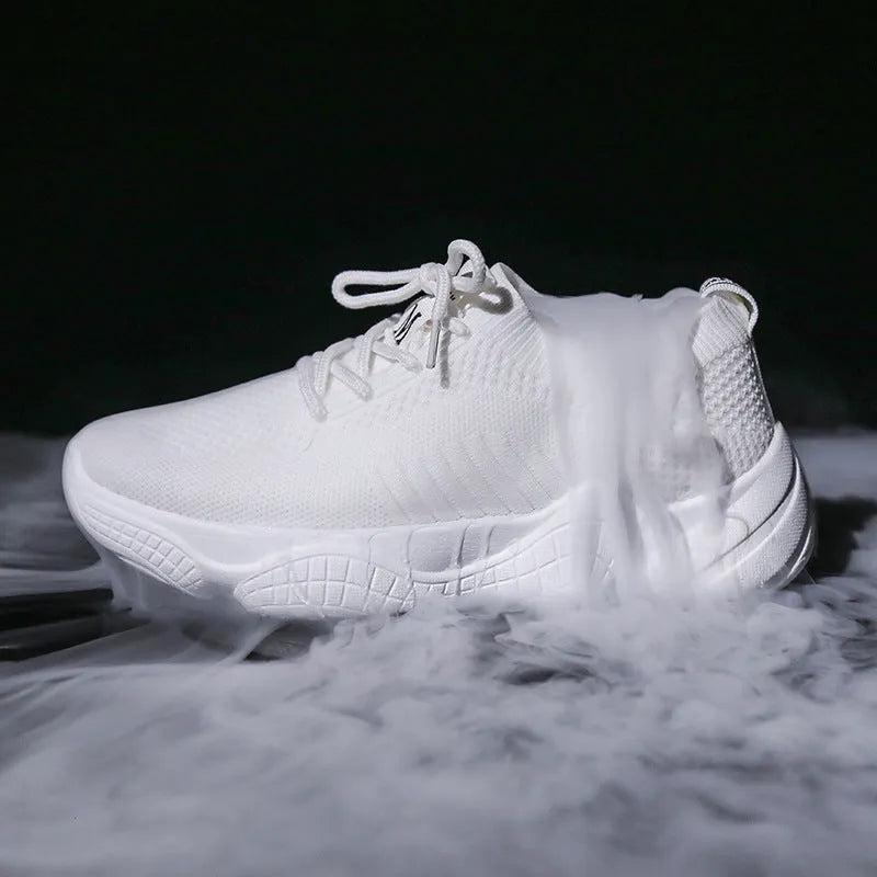 Women's white thick-soled sports shoes with a woven upper and front strap in a candy colour.