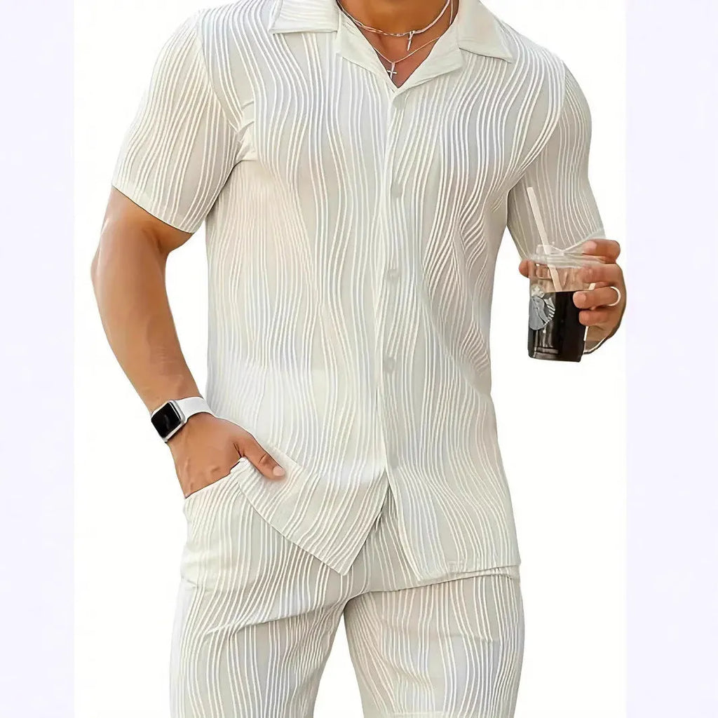 Men's black short sleeve shirt and shorts suit with wave pattern design for summer casual wear