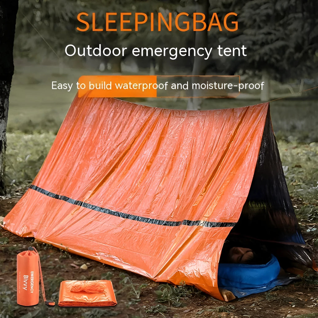 Orange and green portable disaster relief tent with sleeping bag and emergency blanket set.