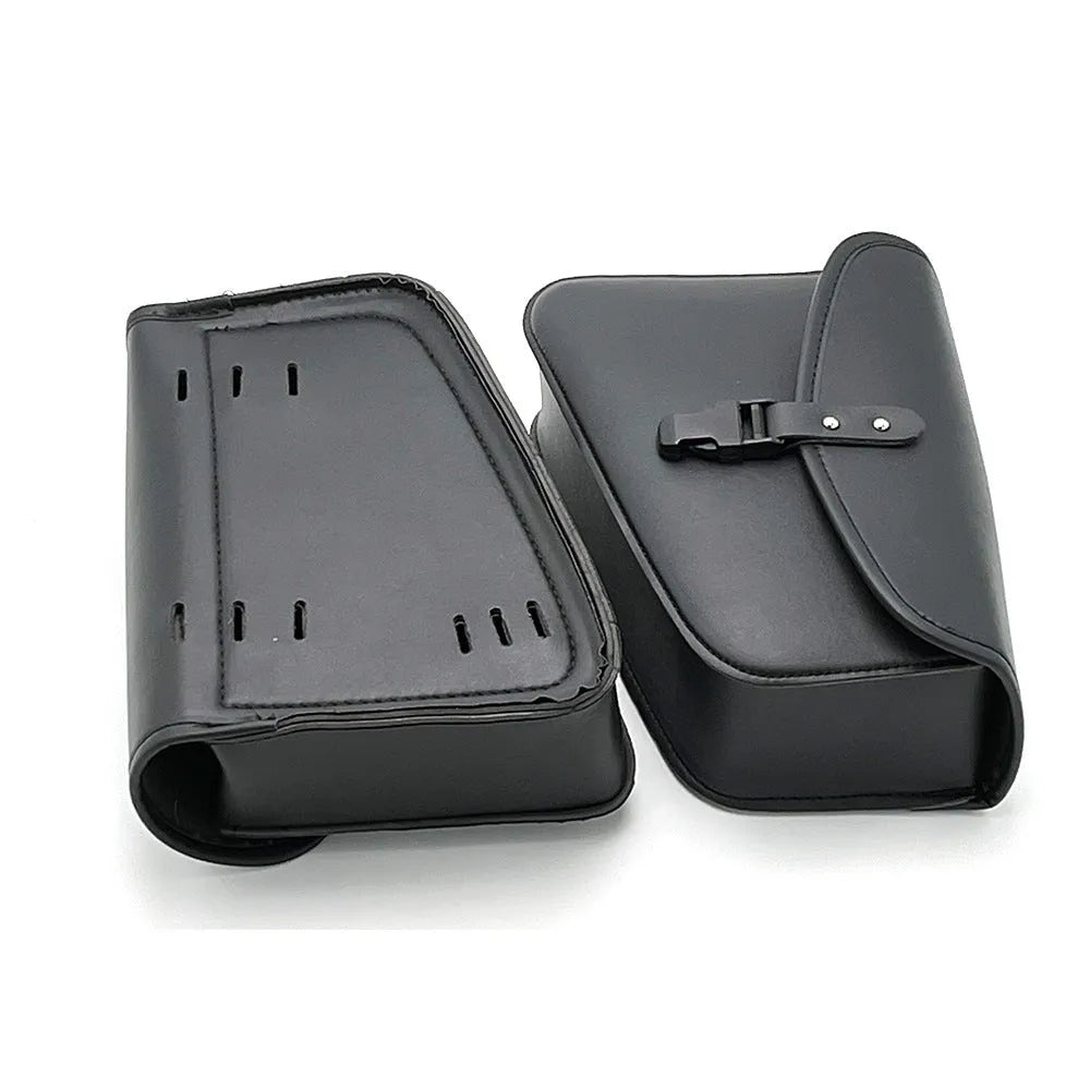 Black PU leather motorcycle swingarm bag mounted on Harley Sportster showing dimensions