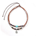 Men's wooden bead necklace with turquoise wax rope cord and alloy geometric floral pendant