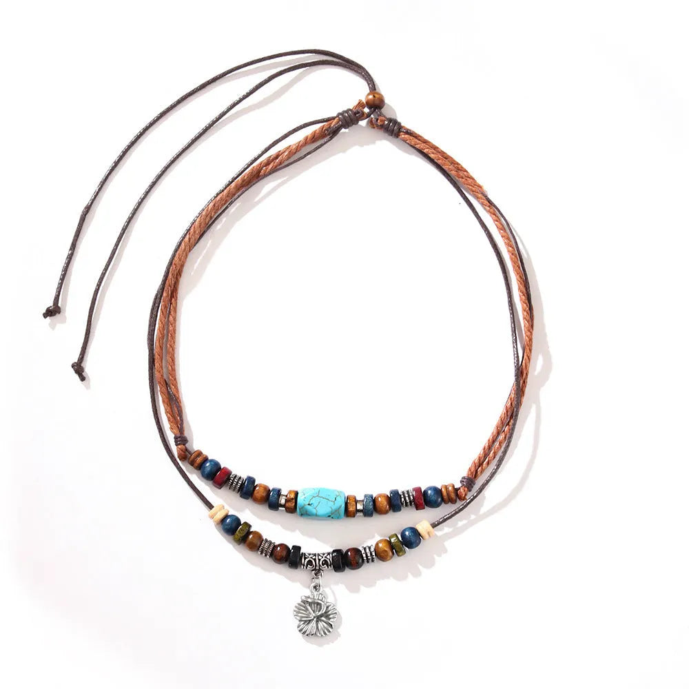 Men's wooden bead necklace with turquoise wax rope cord and alloy geometric floral pendant