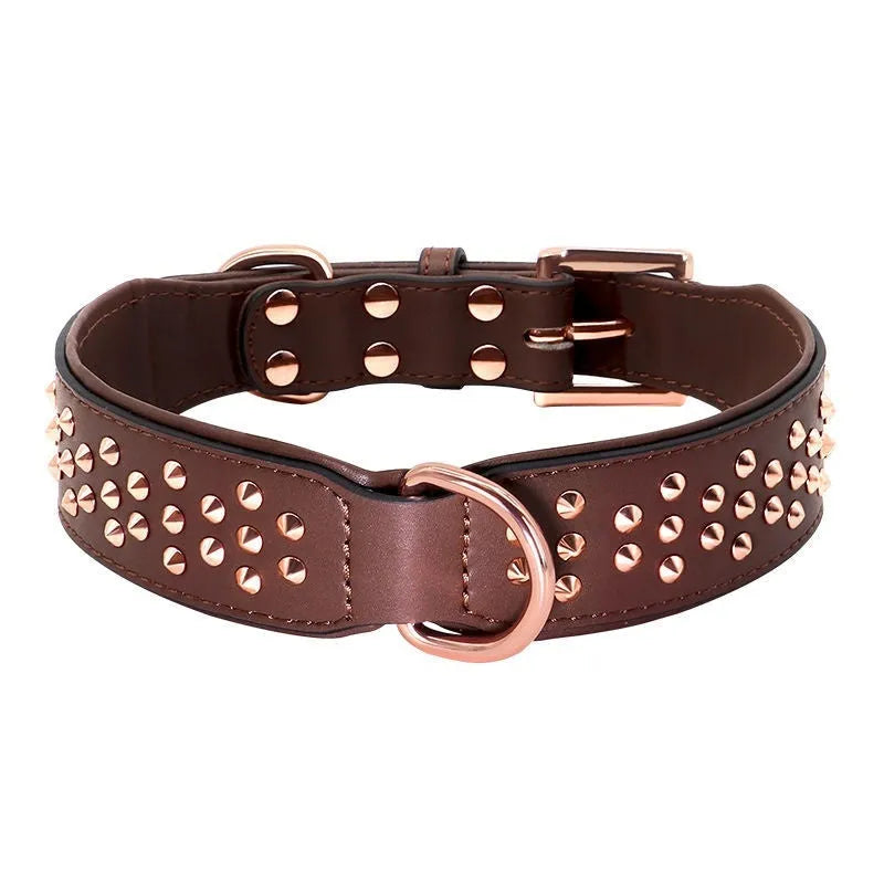 A leather dog collar with metal rivets, shown in black, chocolate, and pink colour options.