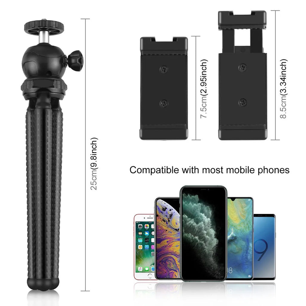 Black octopus tripod live broadcast kit with flexible legs, fill light, and microphone attached