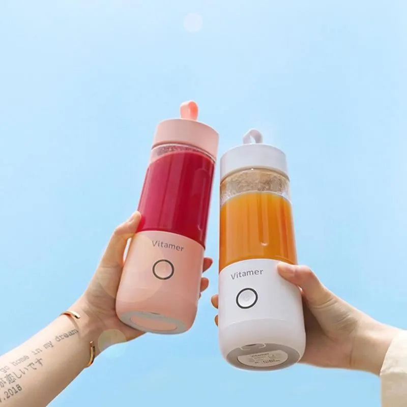 White portable USB rechargeable blender juicer with 350ml Tritan cup and silicone carry handle