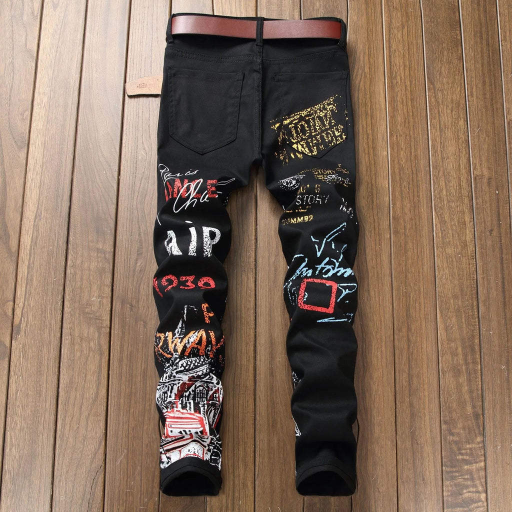 High Street Fashion mens tight fit jeans with 3D colour print mid waist zip placket small straight leg black cotton trousers