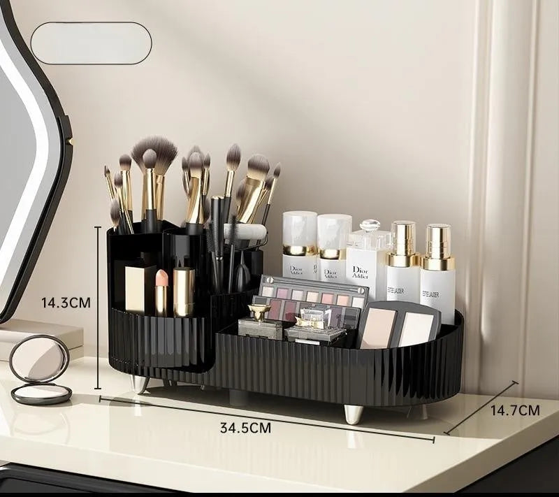 Rotating cosmetics storage box with two shelves holding makeup brushes and beauty products