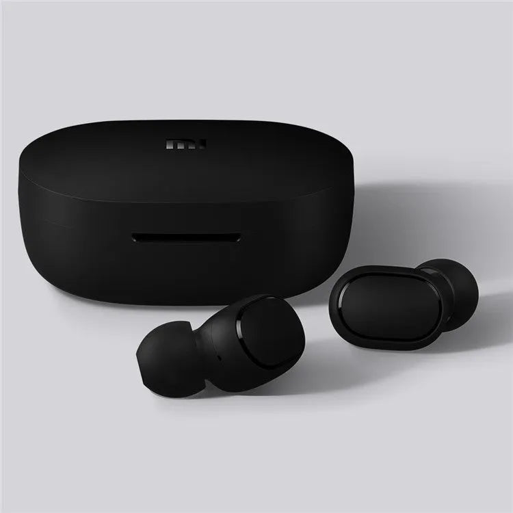 Black Redmi AirDots 2 True Wireless Bluetooth earbuds and charging case.