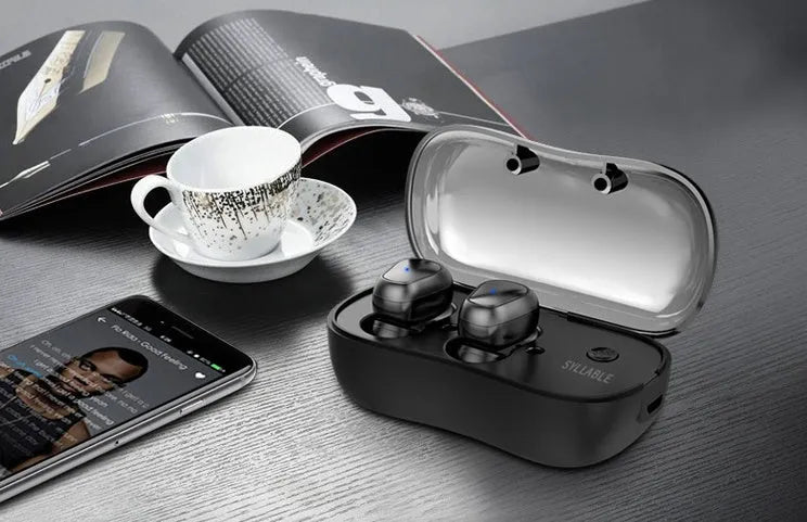 Black TWS sports headphones with separate wireless earpieces and compact charging case