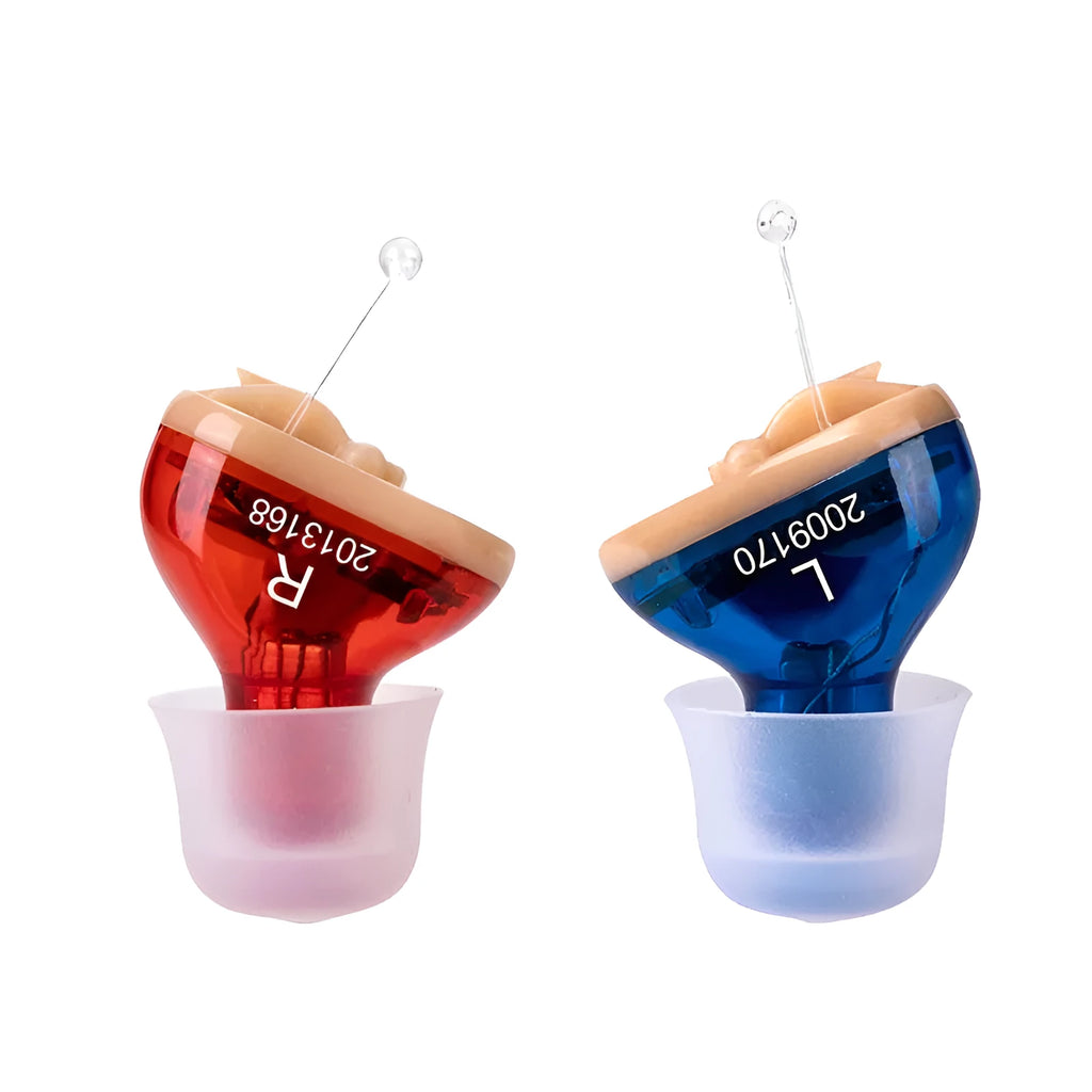 Red and blue Q10 digital hearing aids with automatic calibration and micro wireless design