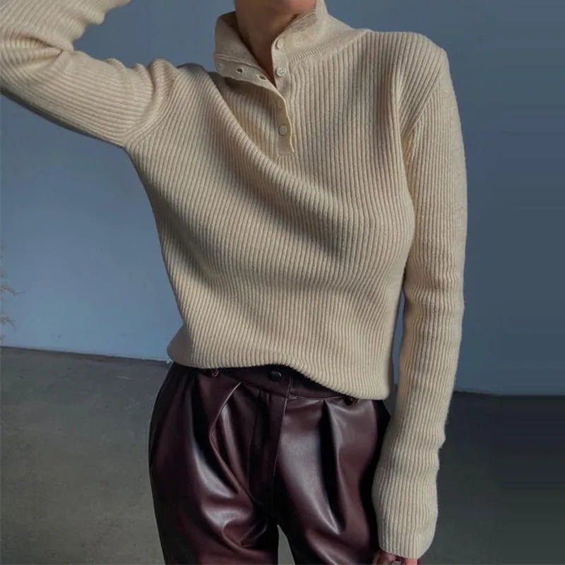 Womens slim fit half turtleneck single-breasted pullover sweater in silver grey colour