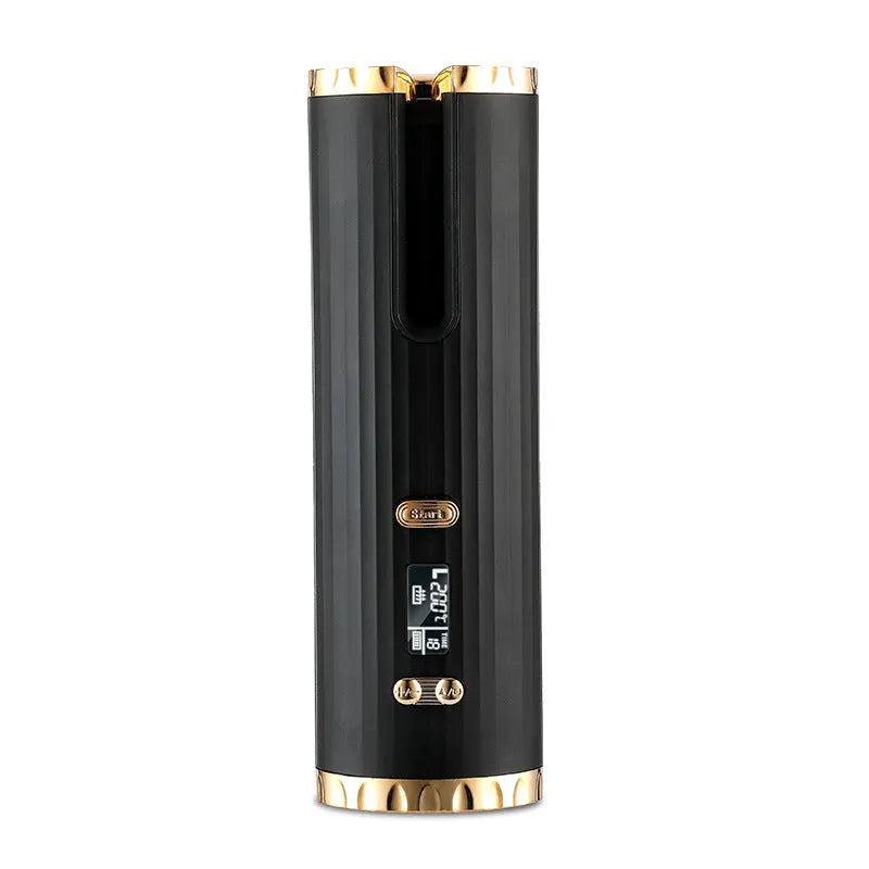 Rechargeable automatic rotating hair curler with LCD display in pink, grey, white, or black.