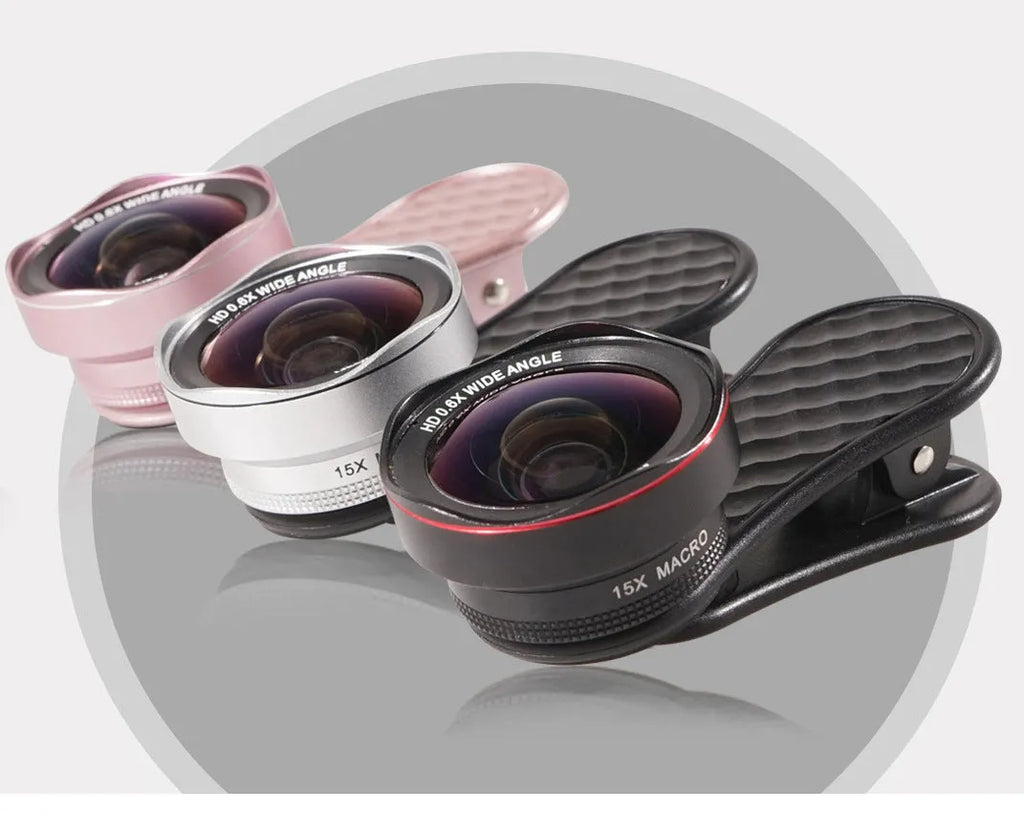Mobile phone lens kit showing wide-angle and macro lenses with clip and storage box in black, silver, and rose gold colours