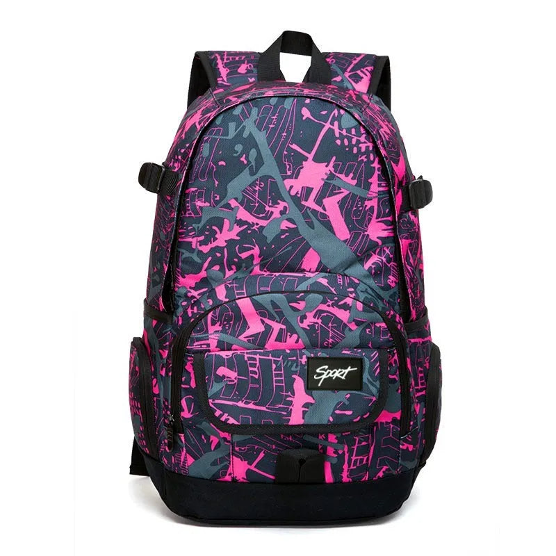 Blue large capacity nylon backpack with padded straps on a plain background
