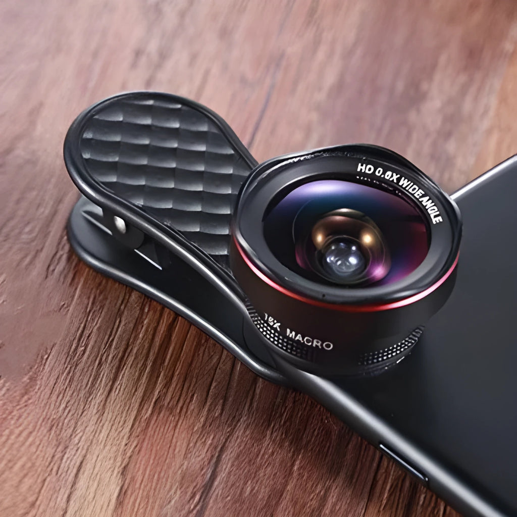 Mobile phone lens kit showing wide-angle and macro lenses with clip and storage box in black, silver, and rose gold colours